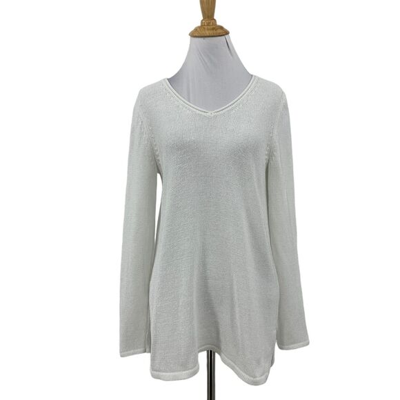 J Mclaughlin Sweater Womens M Medium White Havana Yarn V Neck Open Stitch Top - Picture 1 of 12